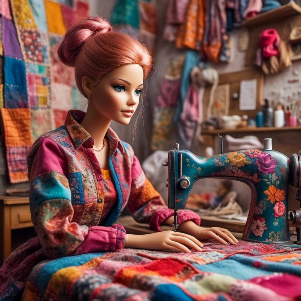 Beautiful Seamstress Barbie with Patchwork Fabric