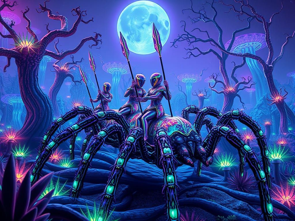 Surreal Alien Planet with Tarantula Riders in Iridescent Arm...