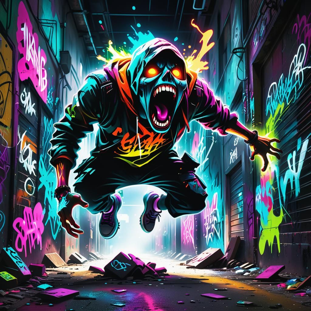 Eerie Alleyway: Screaming Figure in Neon Graffiti Art