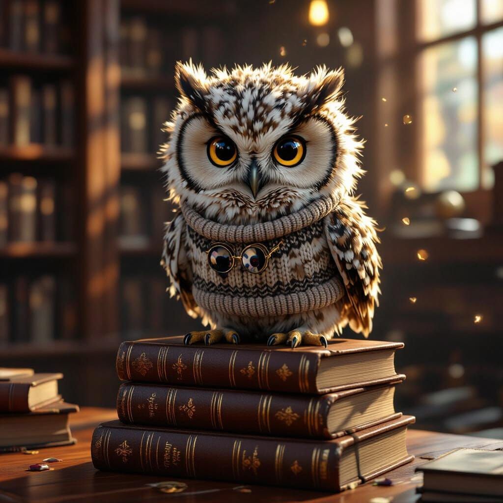 Grumpy Owl Chick in Cozy Library