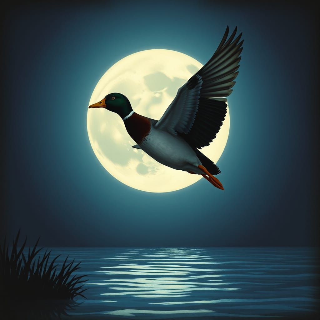 Duck Silhouetted Against Moon in Whimsical Style
