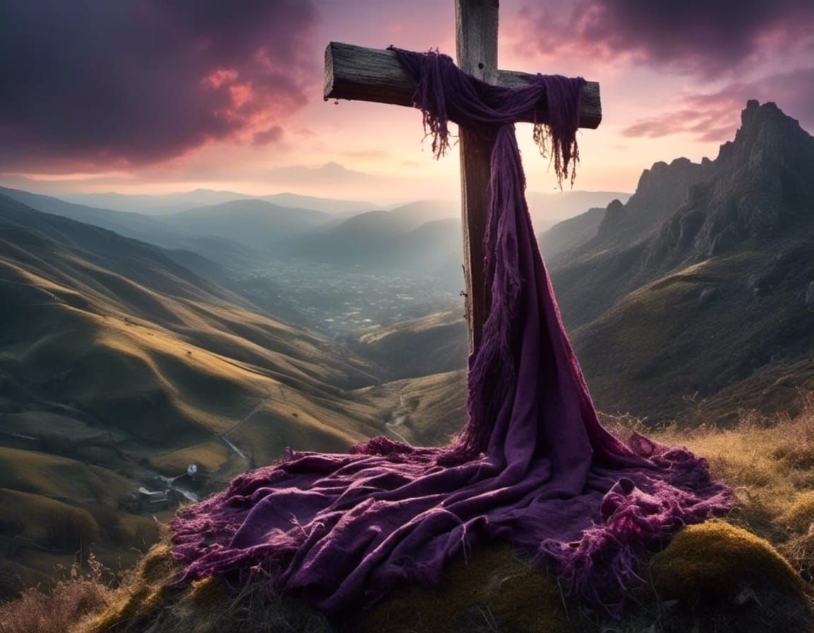 Tattered Cloth on Cross at Spring Sunrise