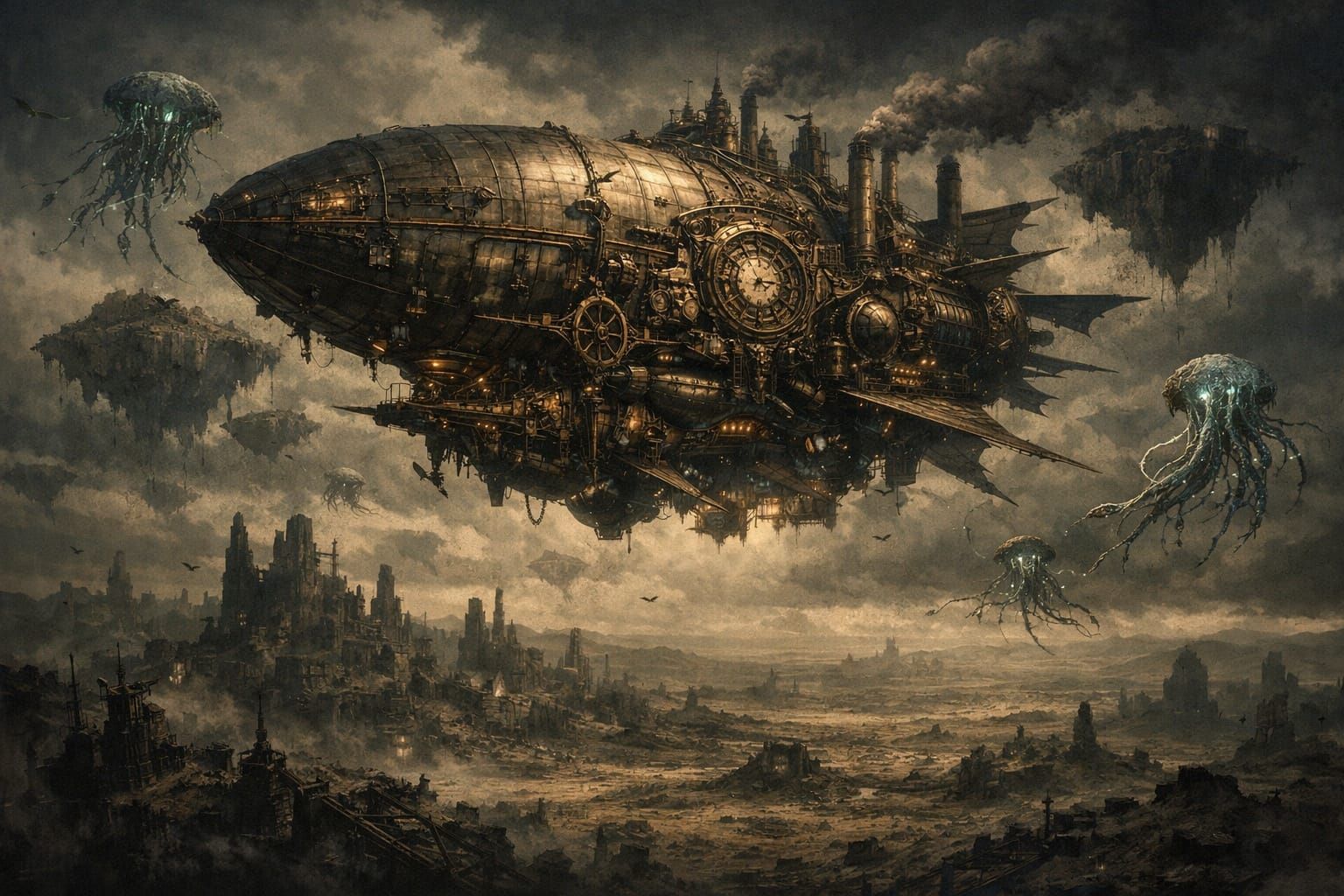 Steampunk Airship Over Alien Invasion Wasteland
