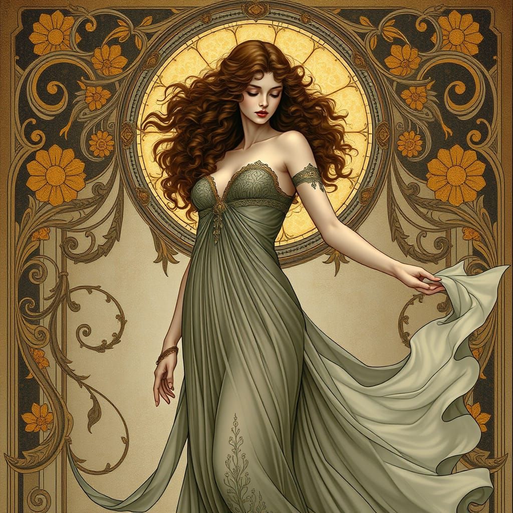 Ethereal Art Nouveau Goddess in Elegant Gown