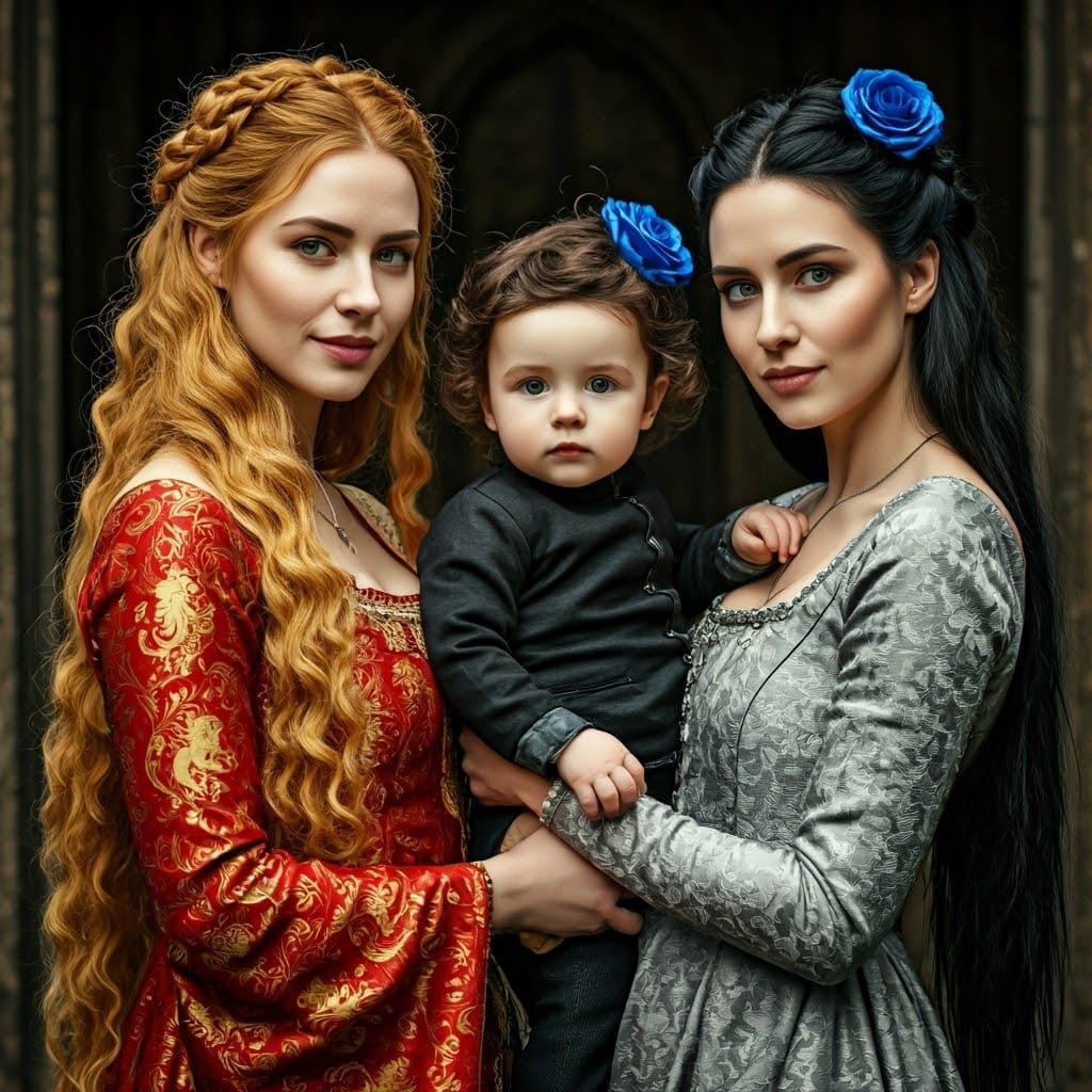 Medieval Lesbian Family Portrait in Cinematic Style