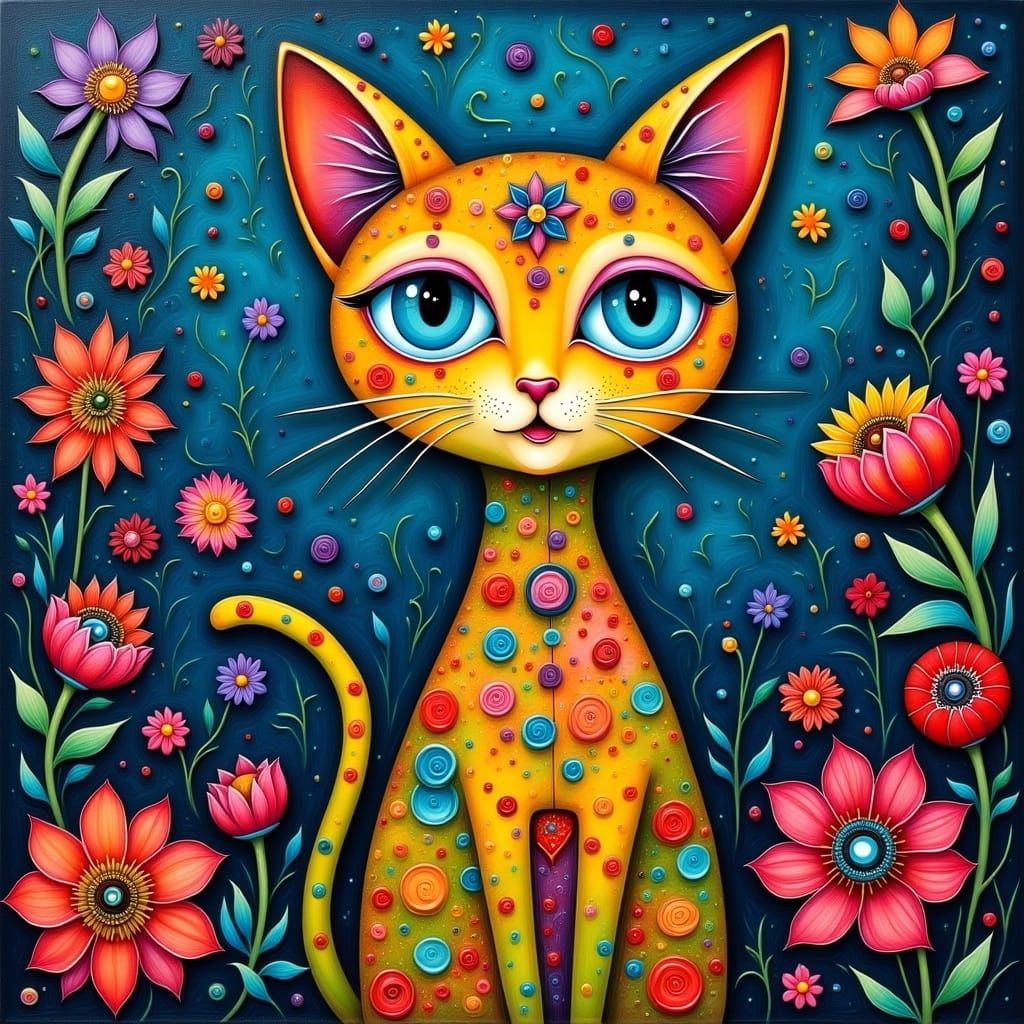 Whimsical Cat in Folk Art Style with Geometric Shapes and Fl...
