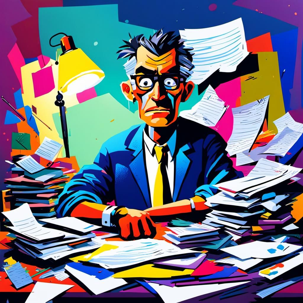 Comedic Portrait at Cluttered Desk as Digital Art