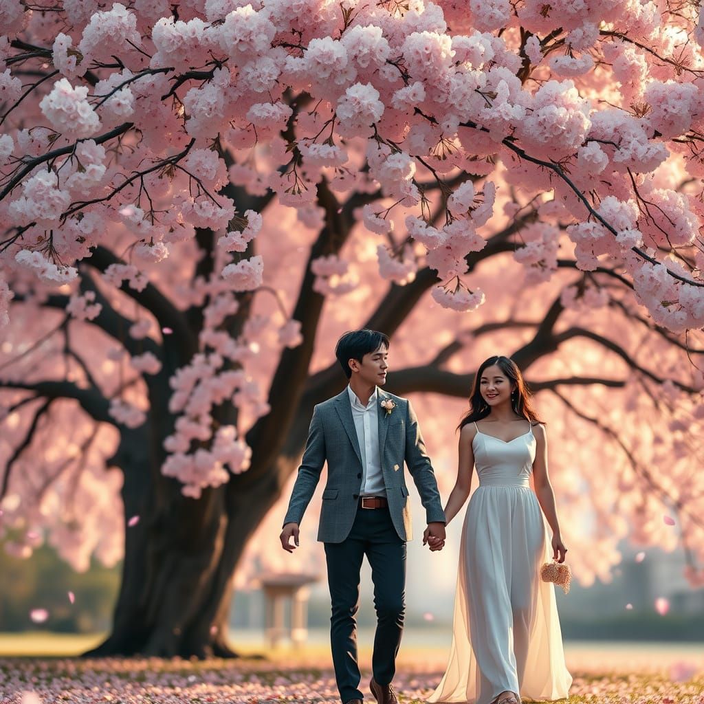 Romantic Couple Under Cherry Blossom Tree in Whimsical Style