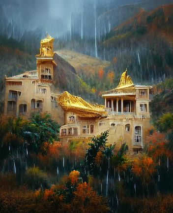 Golden Palace in Mountain Hills with Rainfall