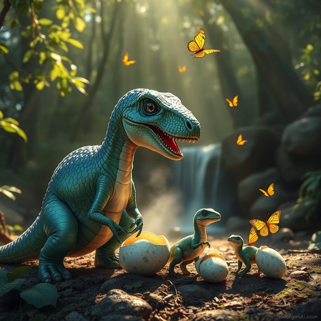 Gentle Prontosaurus Mama with Newborn Hatchlings in Lush For...