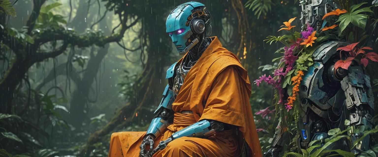 Robotic Jungle Guardian in Bioluminescent HDR Realism