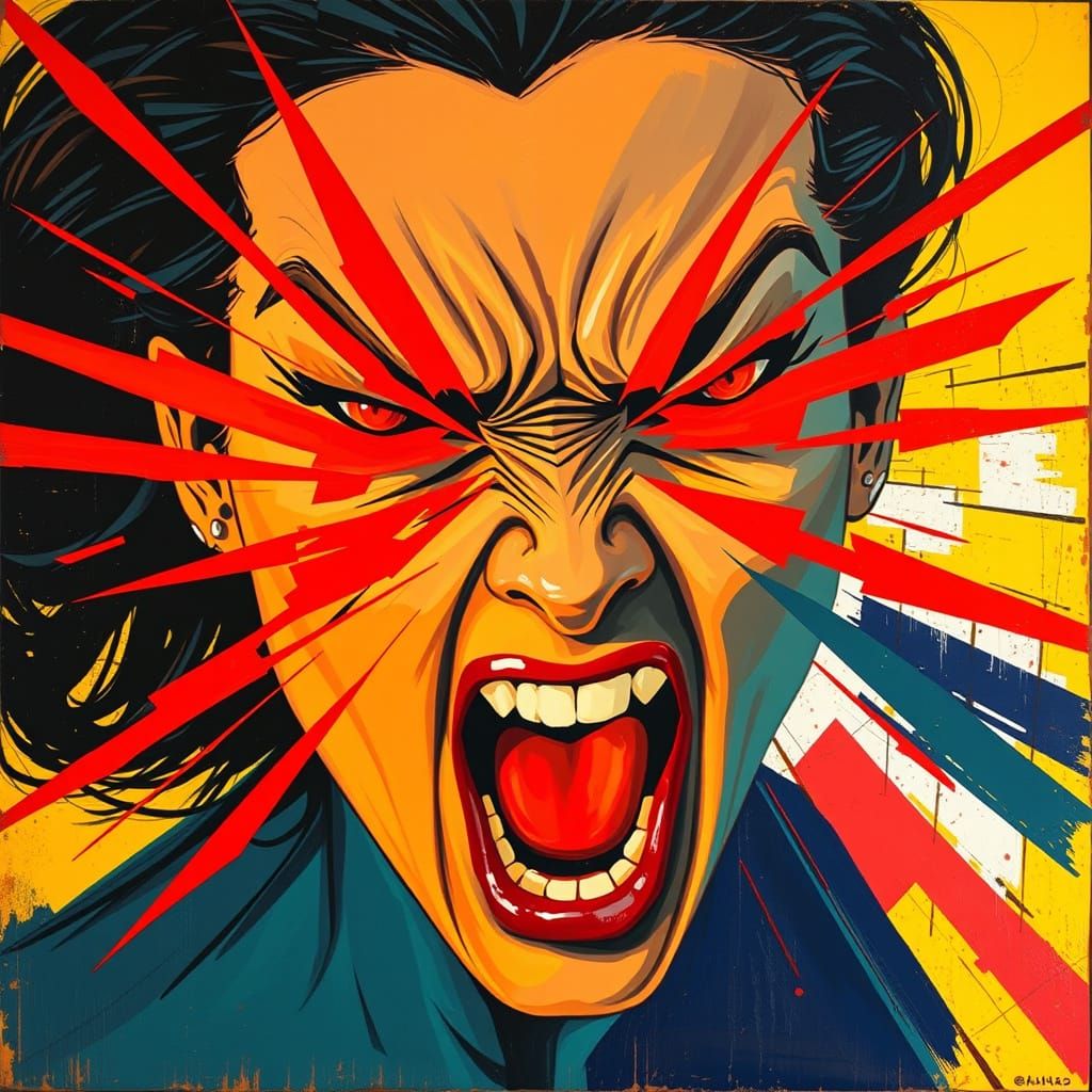 Fierce Scream of Unbridled Anger in Vibrant Cubist Colors