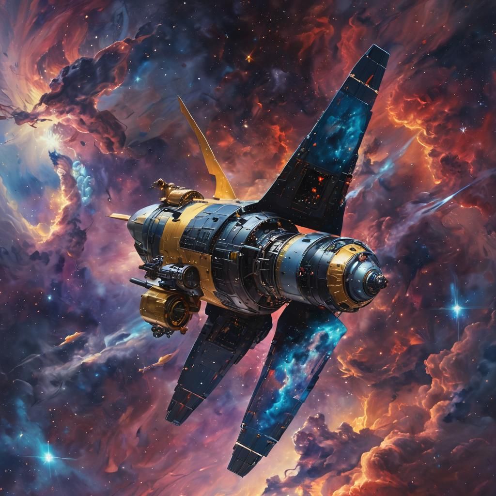 Spacecraft in Nebula: Vibrant Oil Painting
