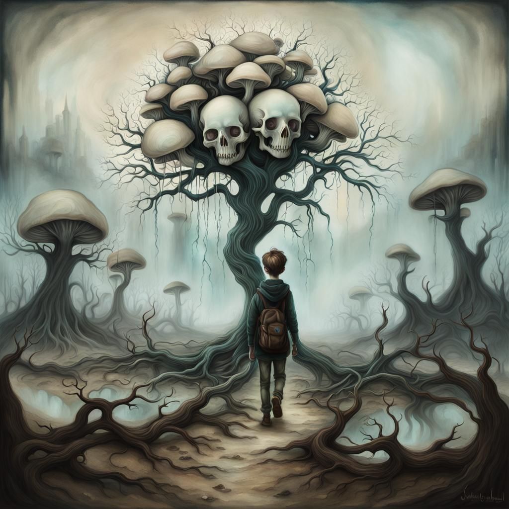 Eerie Dreamscape: Boy with Skull in Desolate Land