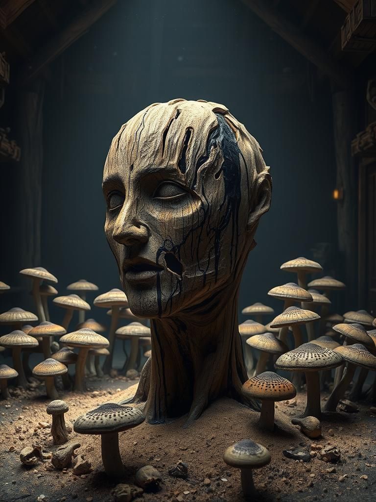Decaying Wooden Sculpture in Dark Fantasy Style