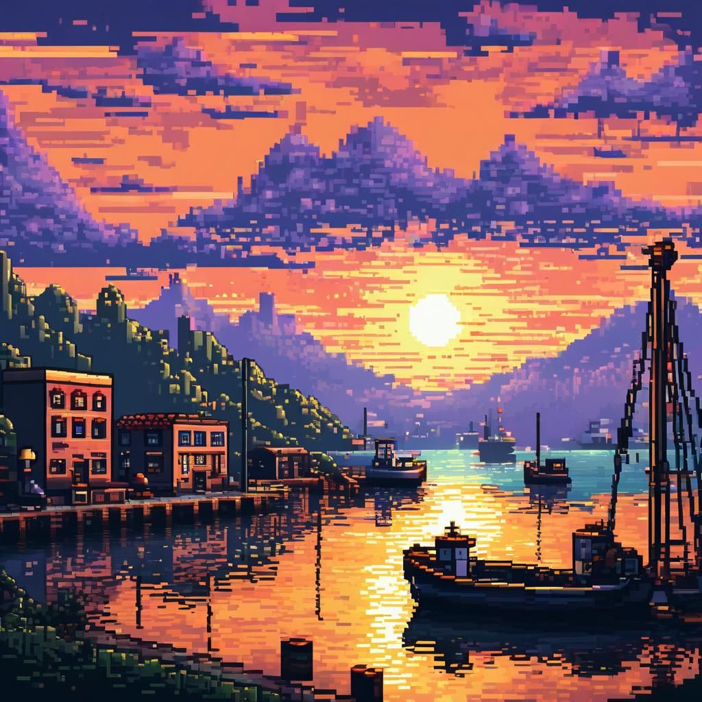 Pixel Art Sunrise Over Harbor Landscape
