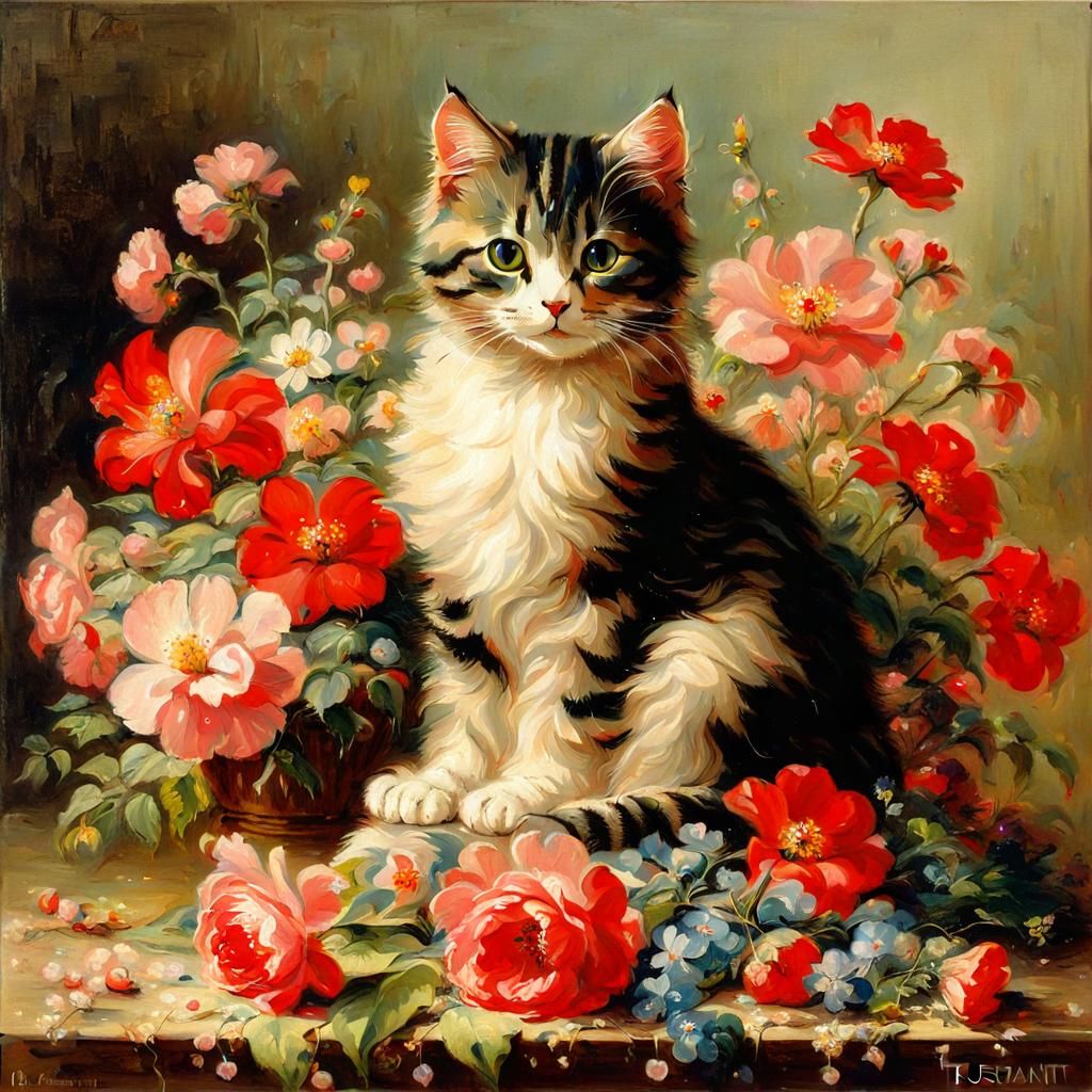 Cat with Flowers and Heart Lights in Impressionist Style