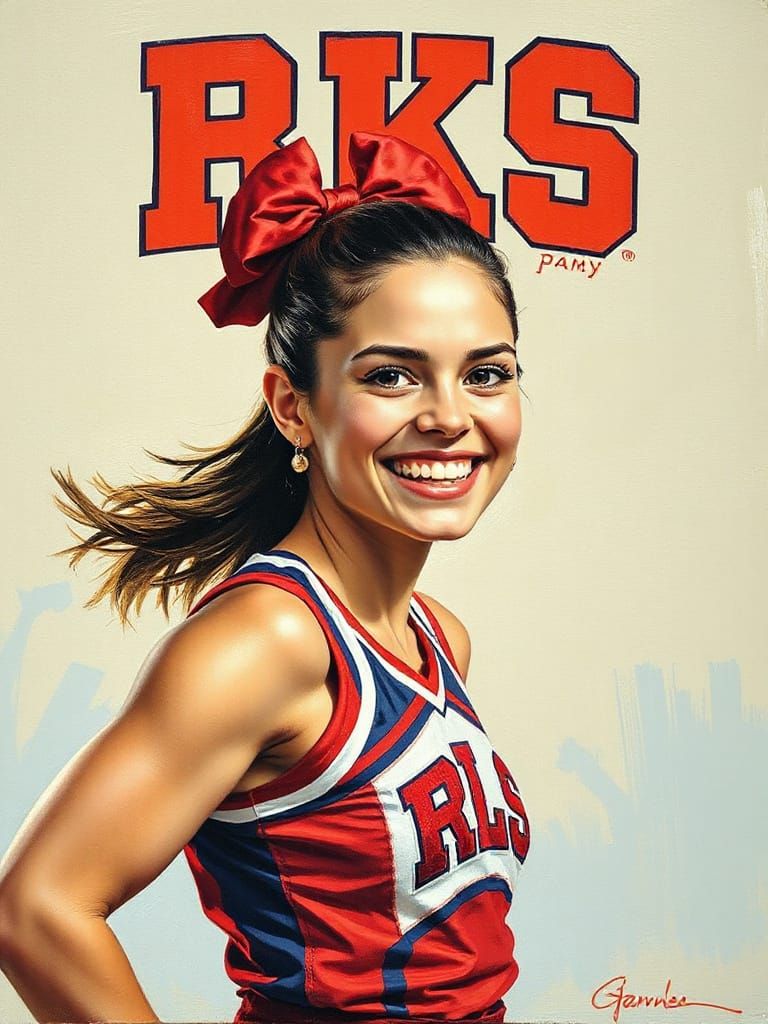 Smiling Cheerleader in Dynamic Oil Painting Style