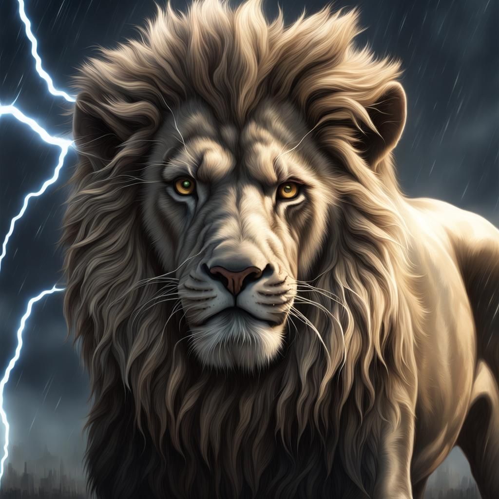 Dystopian Lightning Lion in Hyperrealistic Detail