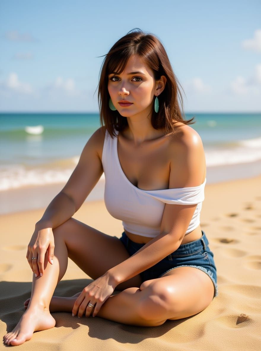 Photorealistic Girl on Beach Playing in Sand