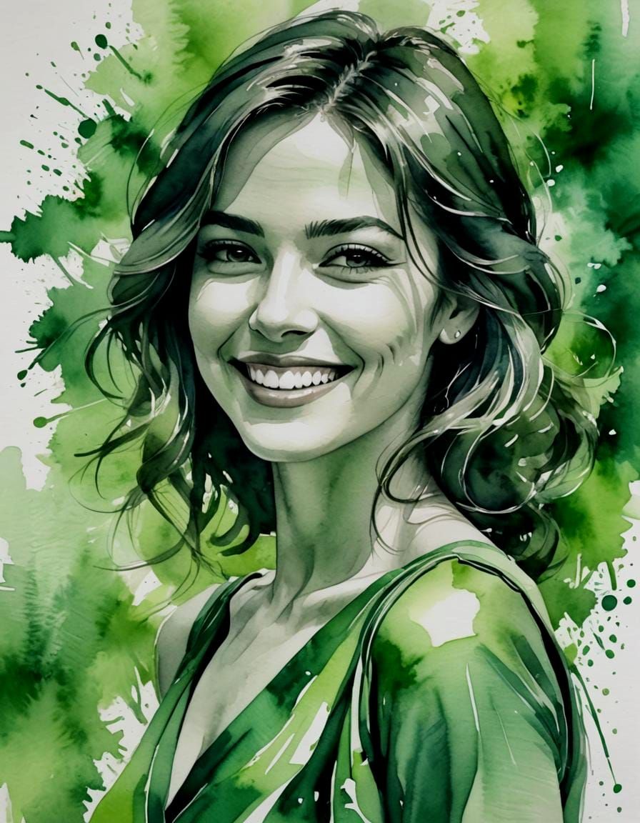 Beauty Portrait in Green Watercolor