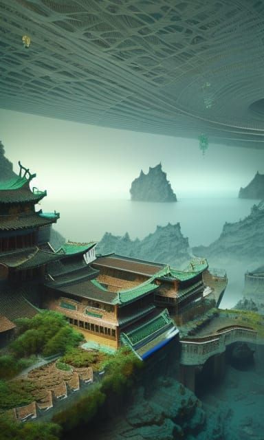 Underwater Chinese Palace with Coral Reef, Digital Render