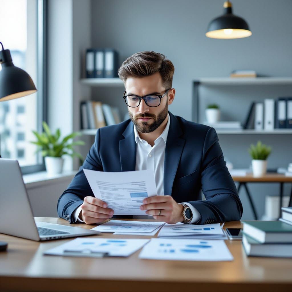Professional Examines Documents in Modern Office