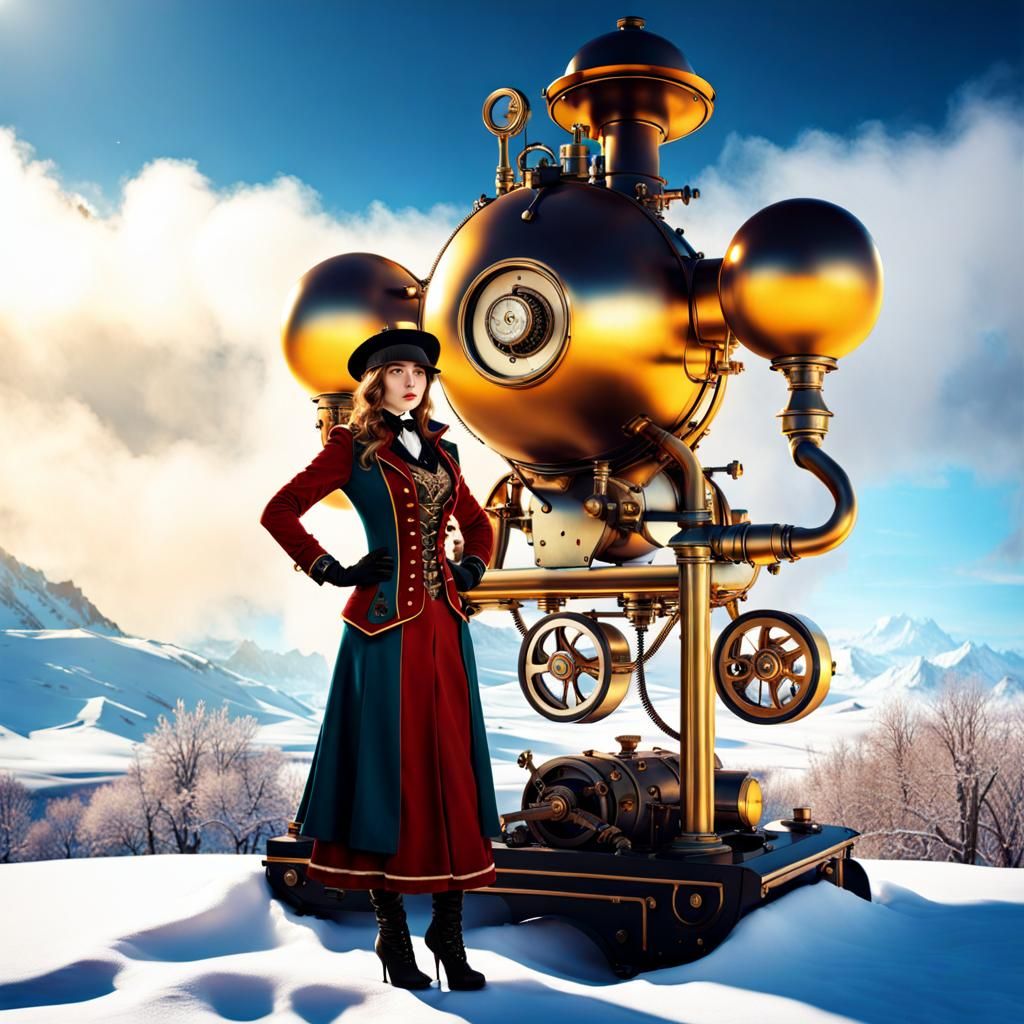 Steampunk Girl in Winter Garden, Surreal Oil Painting