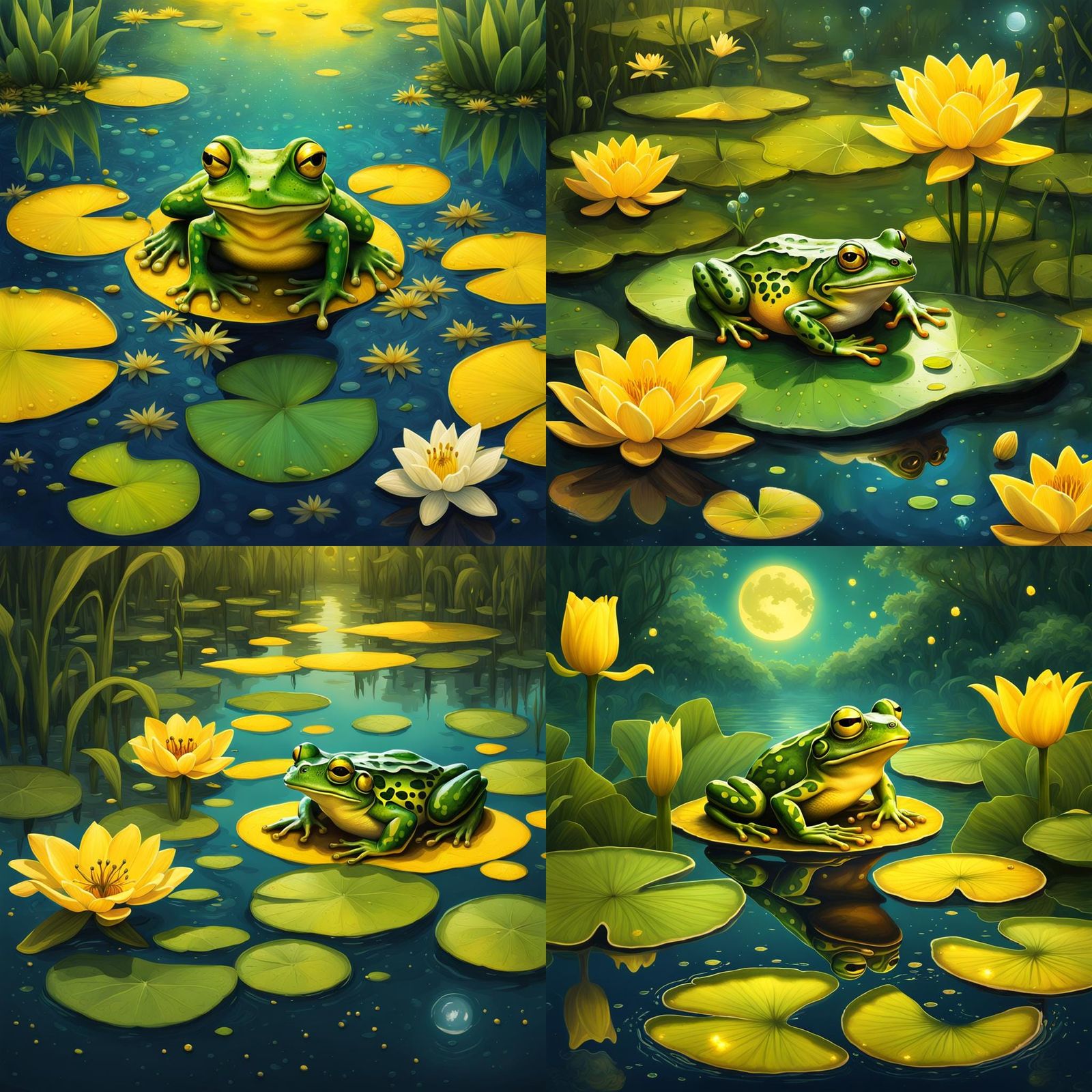 Surreal Frog Flies in Moonlit Lily Pond