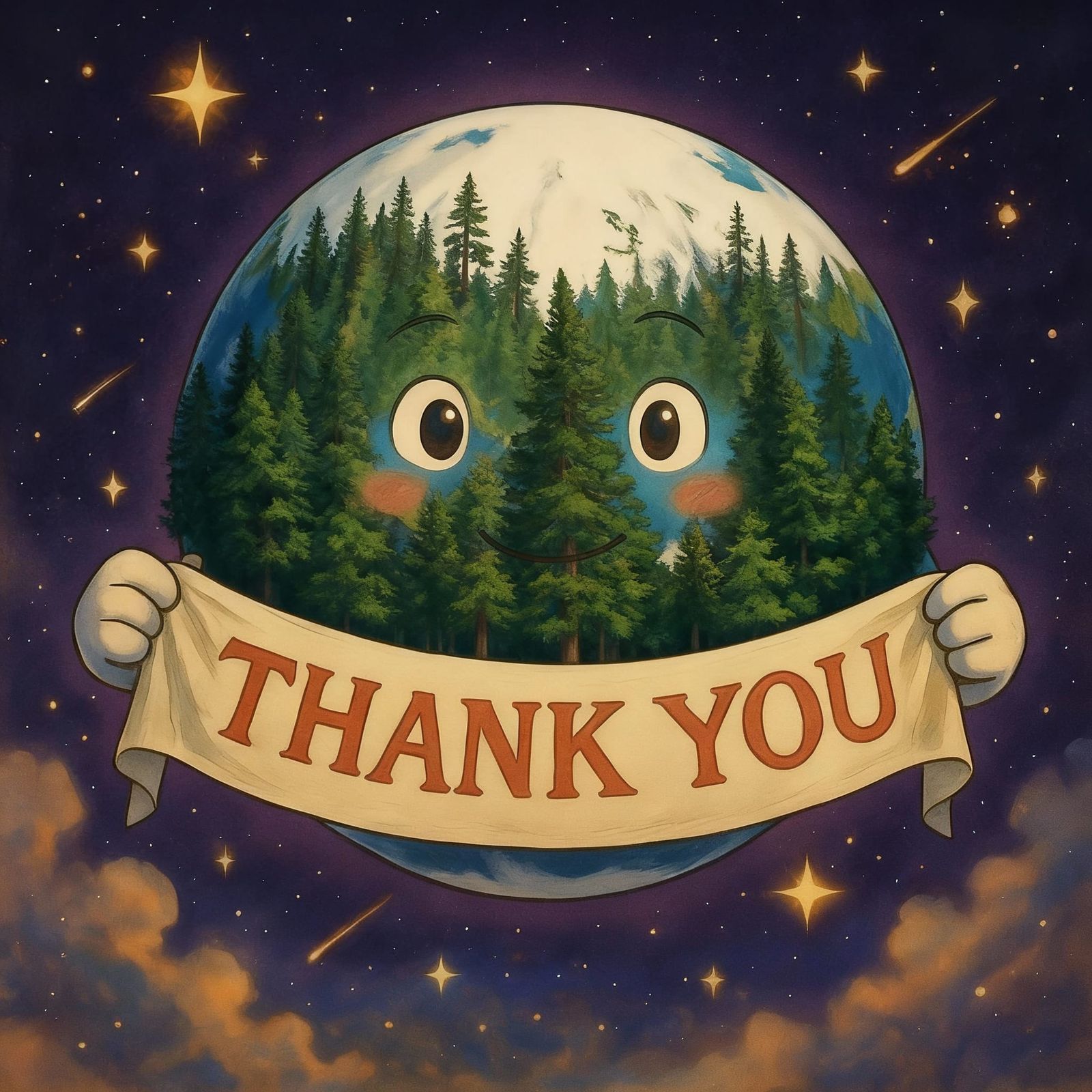 Earth from Space Holds 'Thank You' Banner in Fantastical Sty...