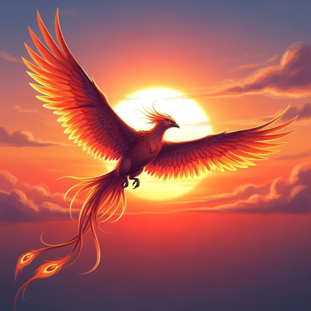 Phoenix Soaring Below Setting Sun as Digital Art