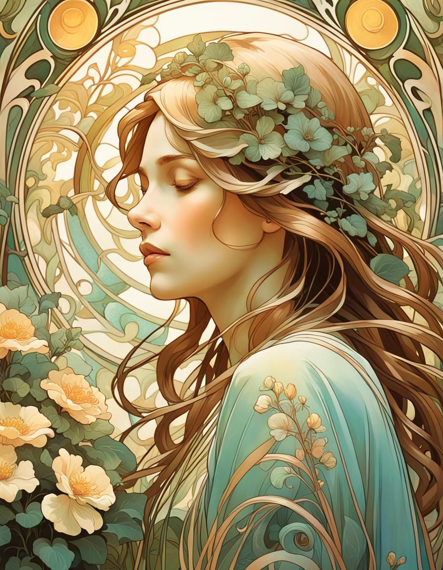 Art Nouveau Woman in Garden with Flowers