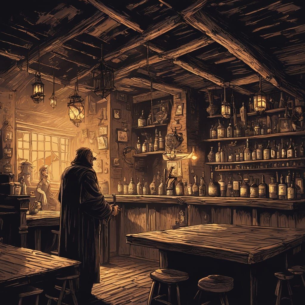 Ethereal Tavern Scene with Ghostly Patrons and Flickering Sh...