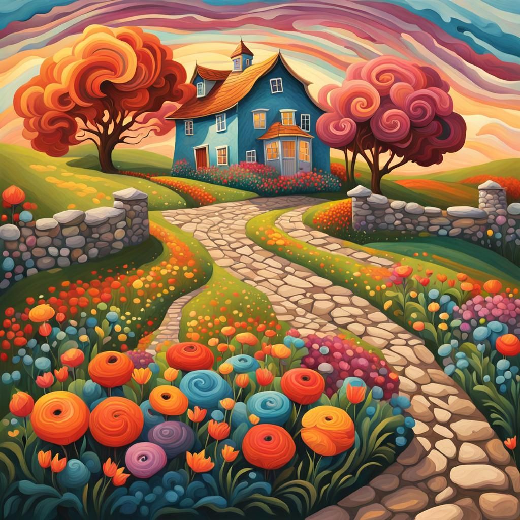 Farmhouse on Patterned Hills in Hyperrealistic Splash Art