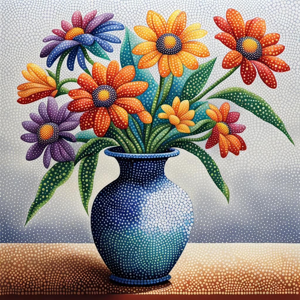 Pointillist Vase of Colorful Flowers