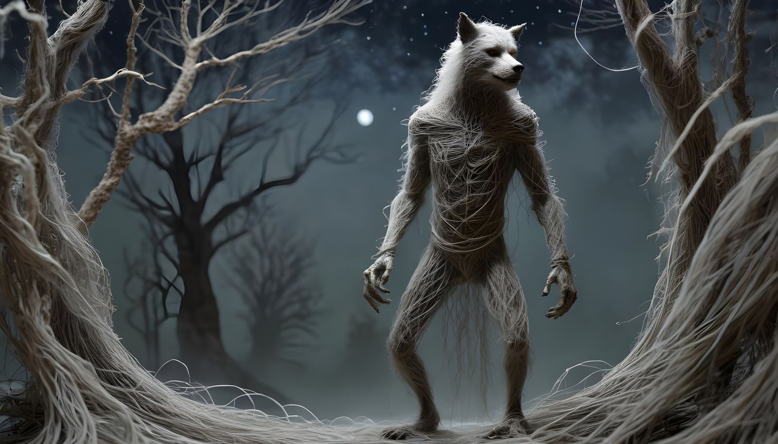 Whimsical String Werewolf in Yarn Forest