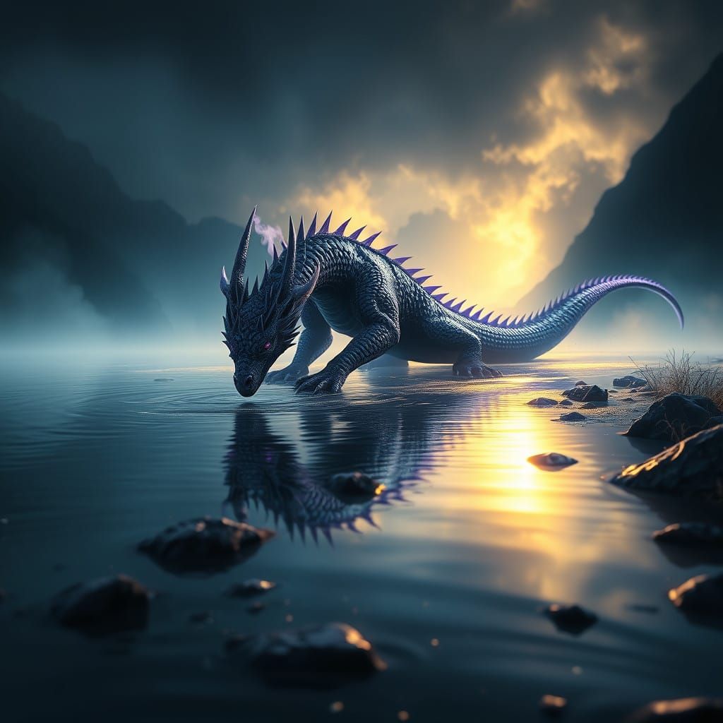 Dark Fantasy Dragon Drinking from a Lake's Edge