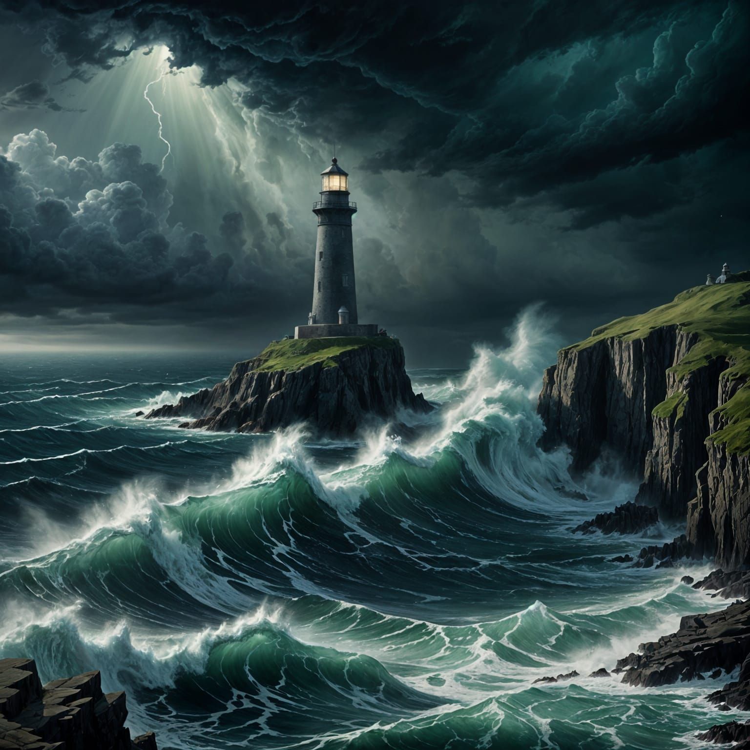 Dark Fantasy Lighthouse on Stormy Sea