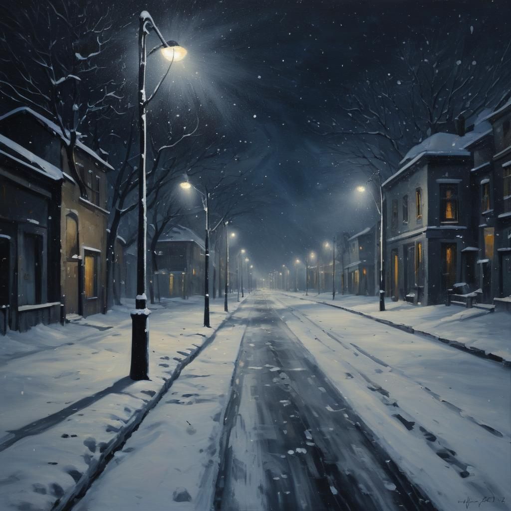 Snowy Street at Night in Naive Art Style