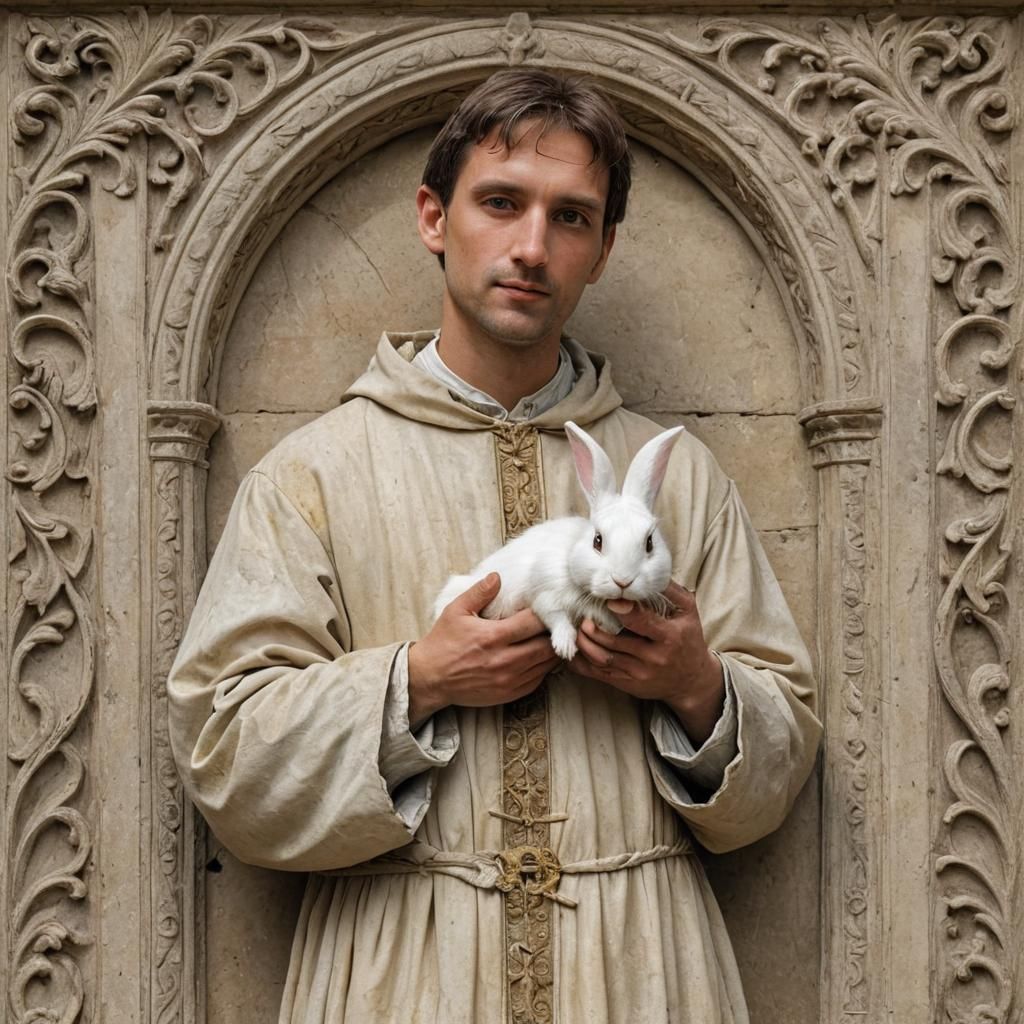 Gothic Nobleman Cradles a White Rabbit in Elegant Medieval S...