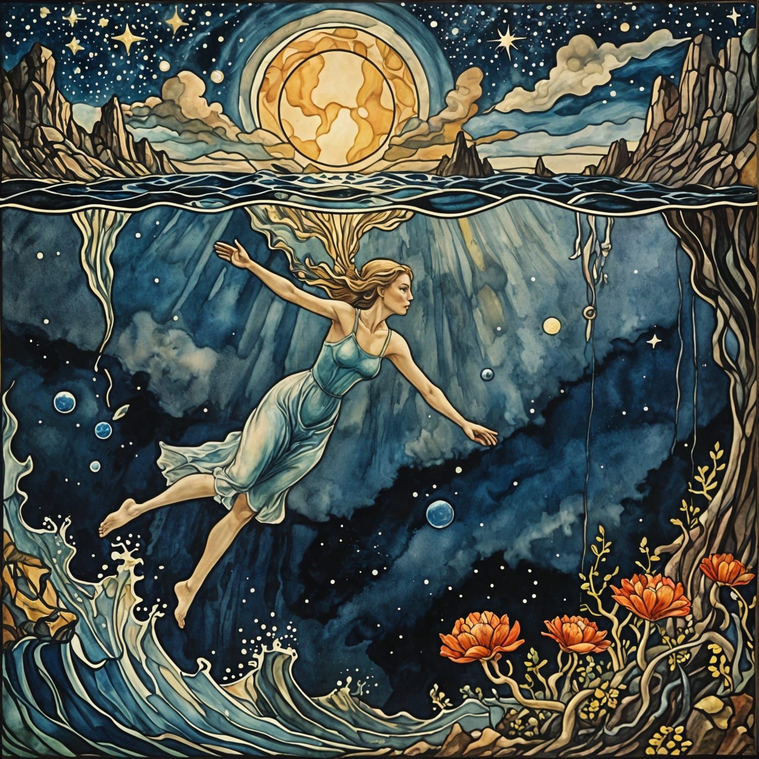 Stained Glass: Woman Ascending from Deep Ocean