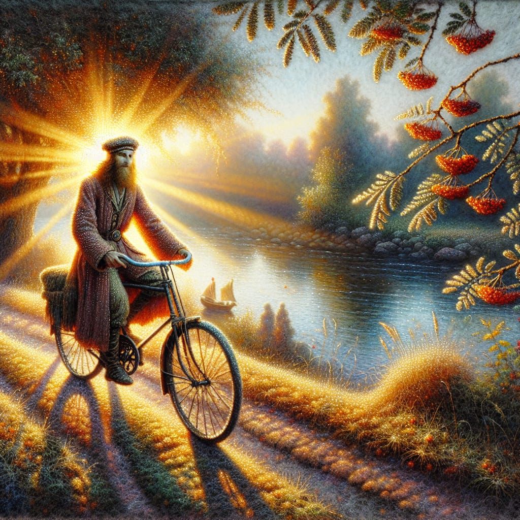 Impressionistic Autumn Scene with Cyclist on Felt