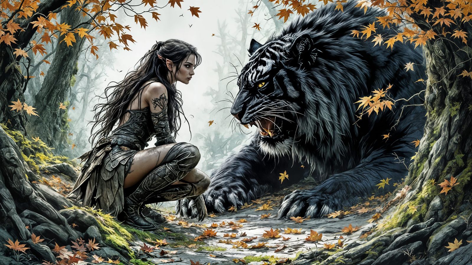 Elven Ranger and Tiger Ambush in Pen and Ink Style