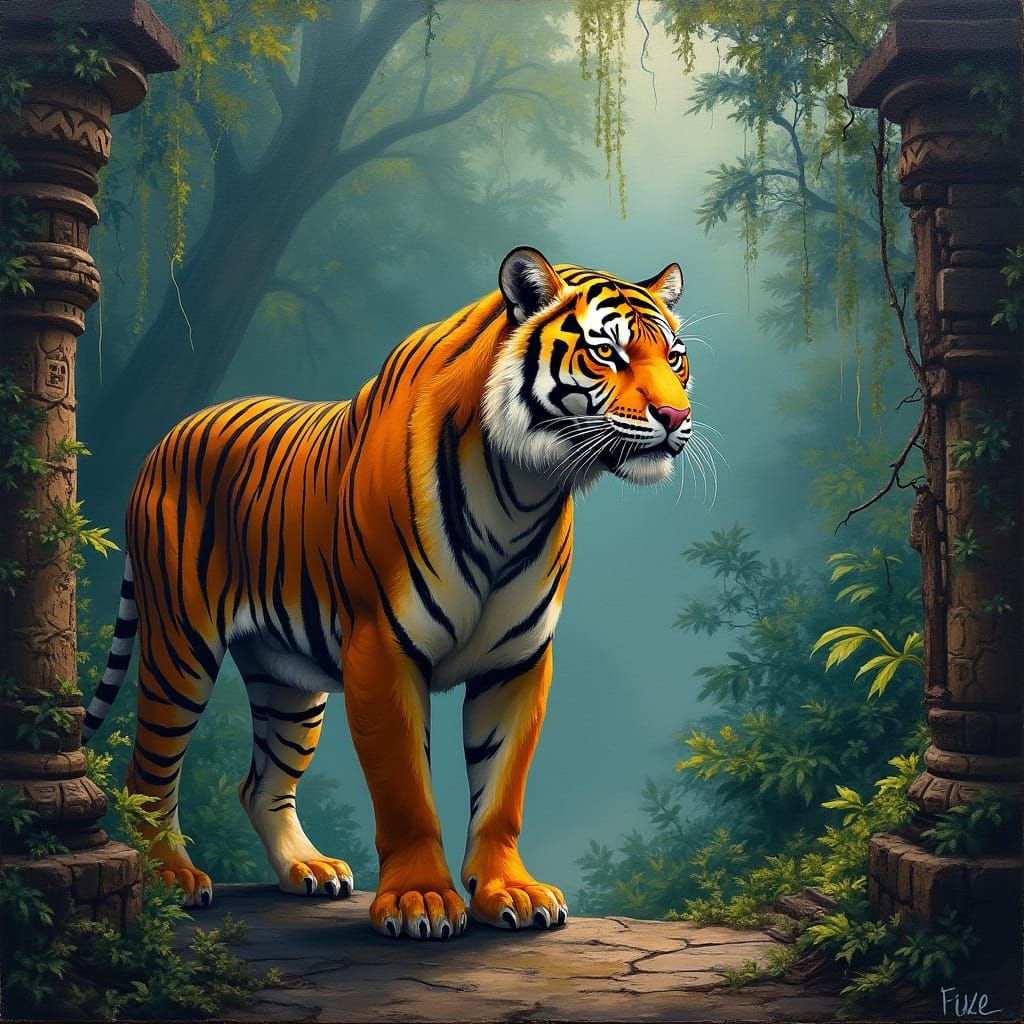 Majestic Tiger in Lush Jungle Ruins, in the Style of Impress...