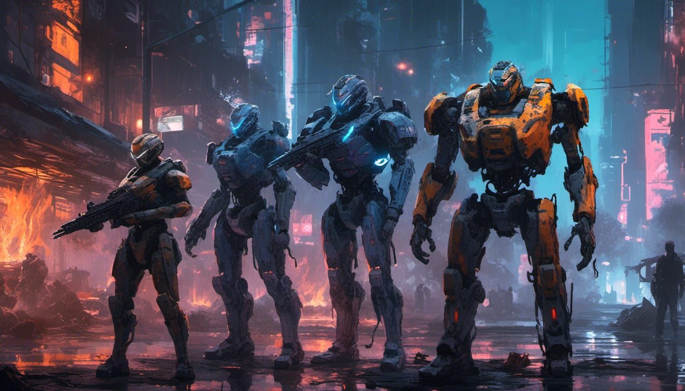 Cyborg Sentries Patrol Burning Cityscape