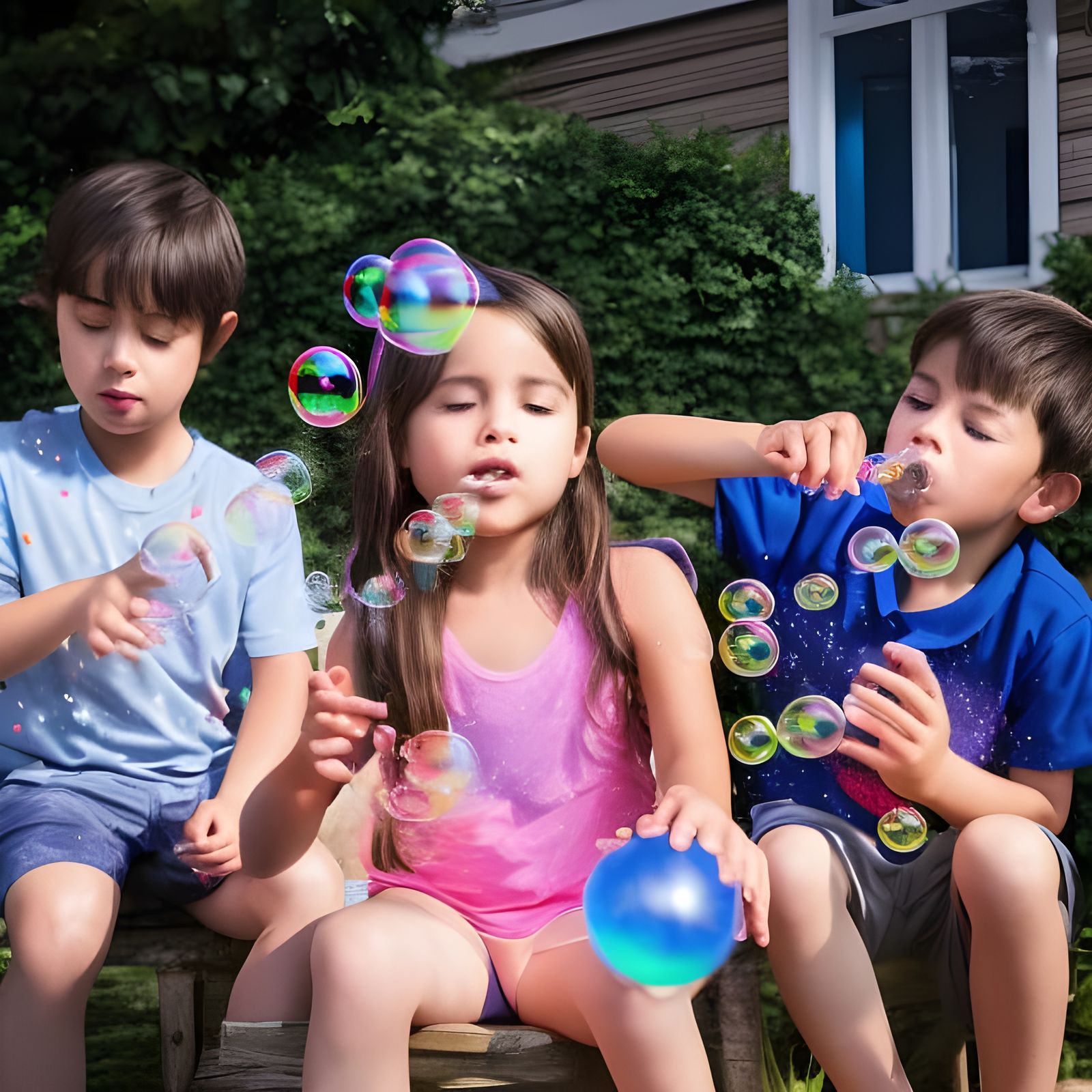 Boys and girls blowing bubbles