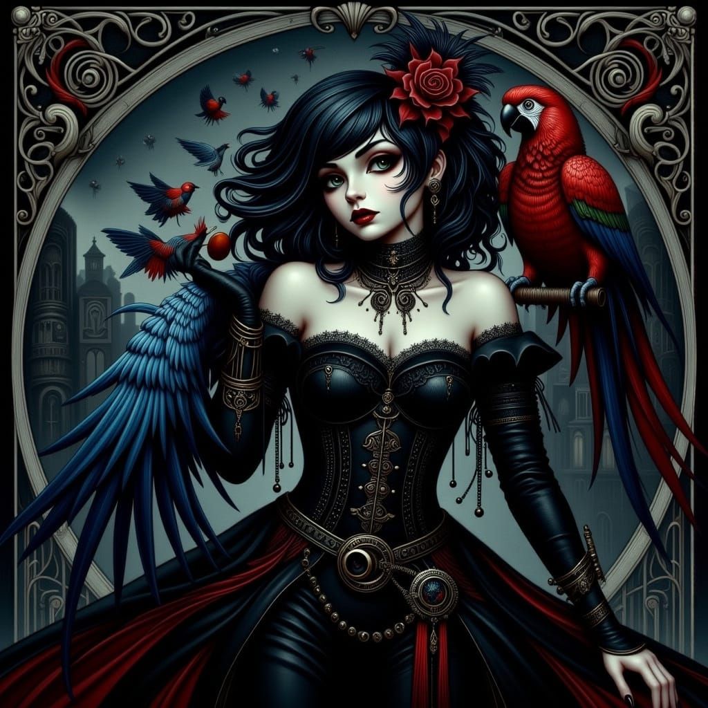 Goth Pirate Woman with Parrot in Neo Art Nouveau Style