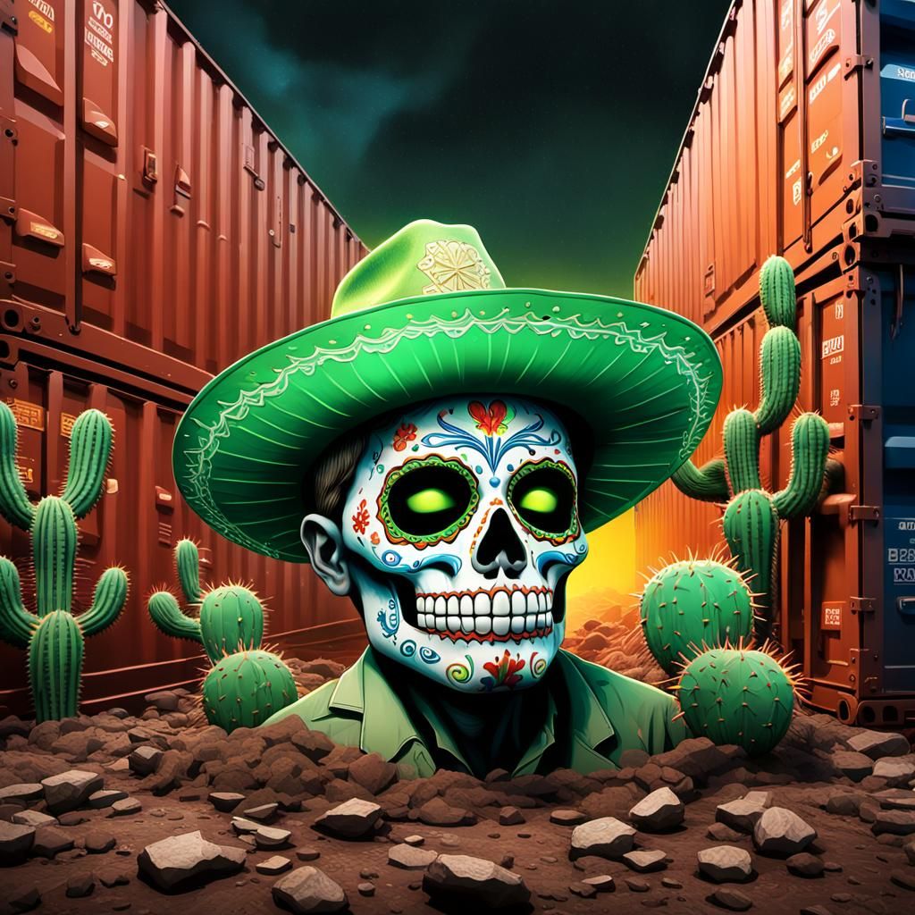 Up view 3D thin Day of the Dead Bitcoin Zombie with neon green cactus pattered Sombrero sitting in front of rusty patina...