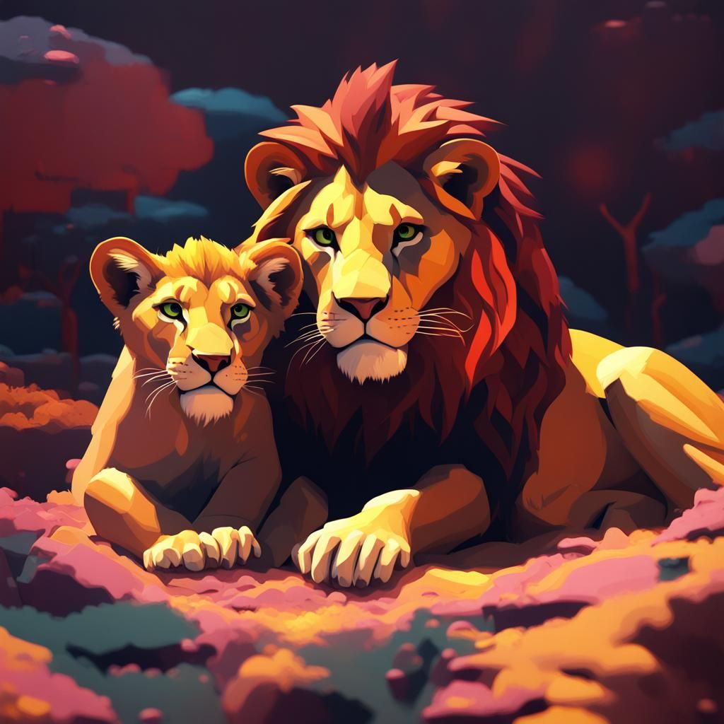Lion and Cub in Dark Paradise: 3D Oil Painting