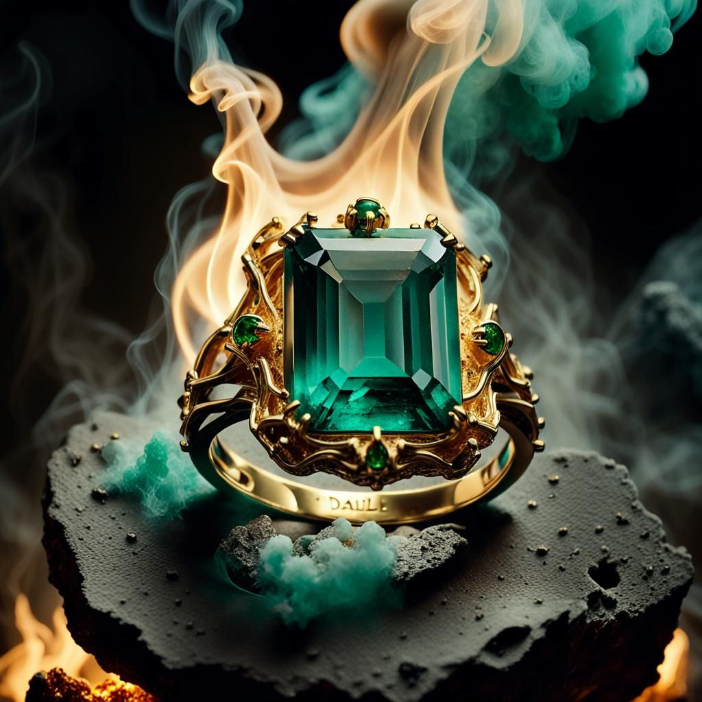 Luxurious Gold Ring with Flickering Emerald in Surrealist Je...